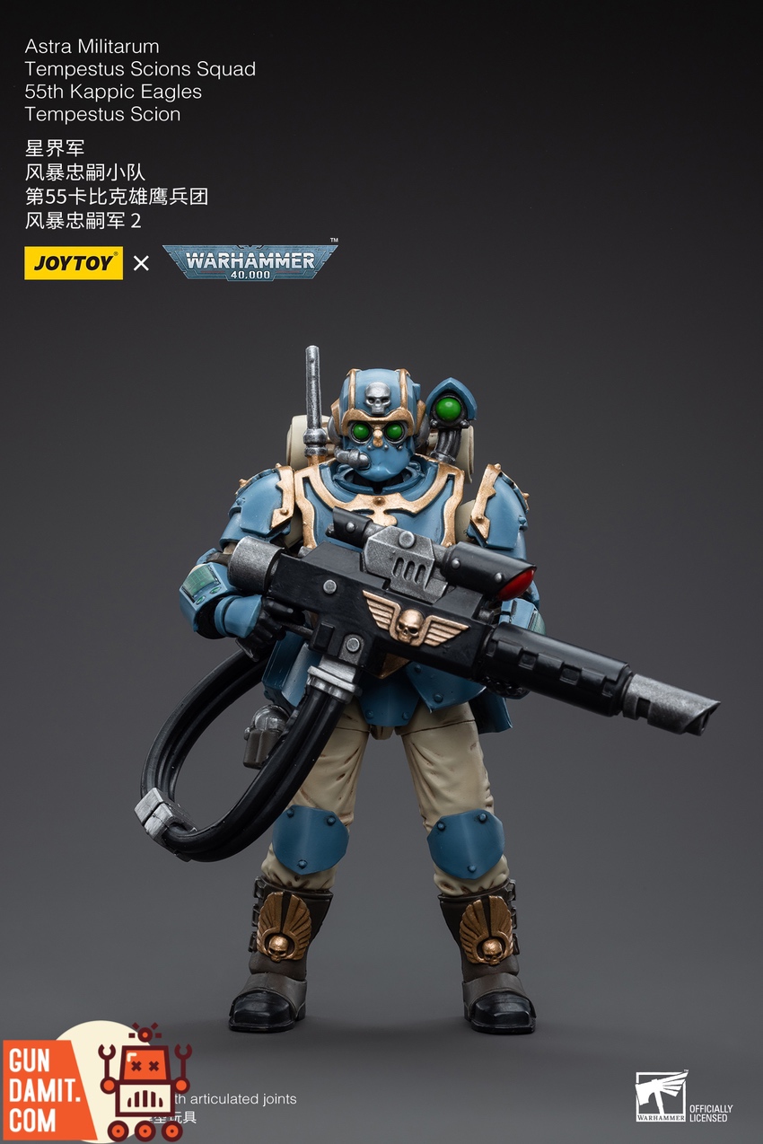 Full body front standing pose of Tempestus Scion 2 with hot-shot lasgun in Kappic Eagles blue Full body front standing pose of Tempestus Scion 2 with hot-shot lasgun in Kappic Eagles blue