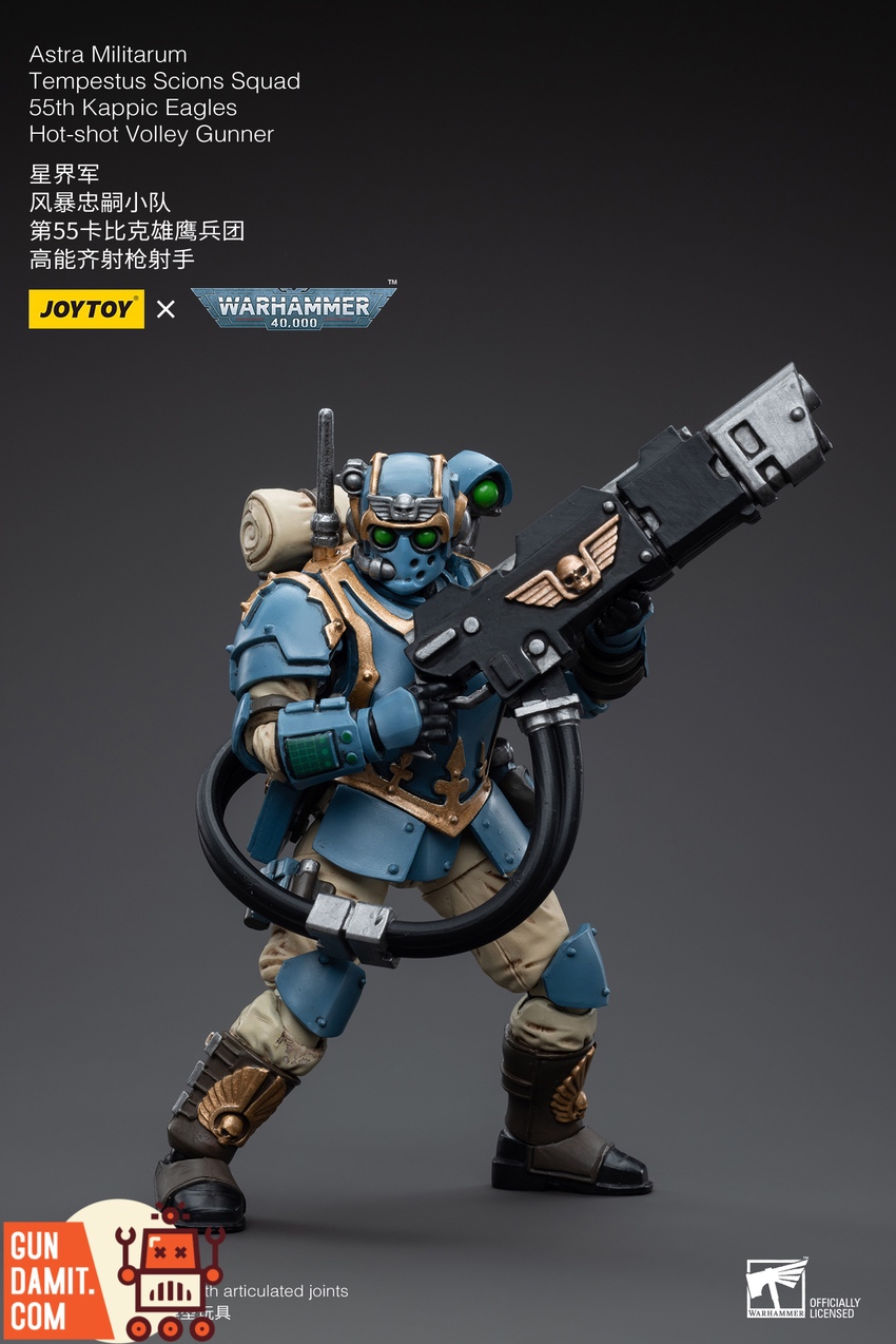 JoyToy Warhammer 40K Kappic Eagles Hot-Shot Volley Gunner action pose with heavy weapon from left angle JoyToy Warhammer 40K Kappic Eagles Hot-Shot Volley Gunner action pose with heavy weapon from left angle