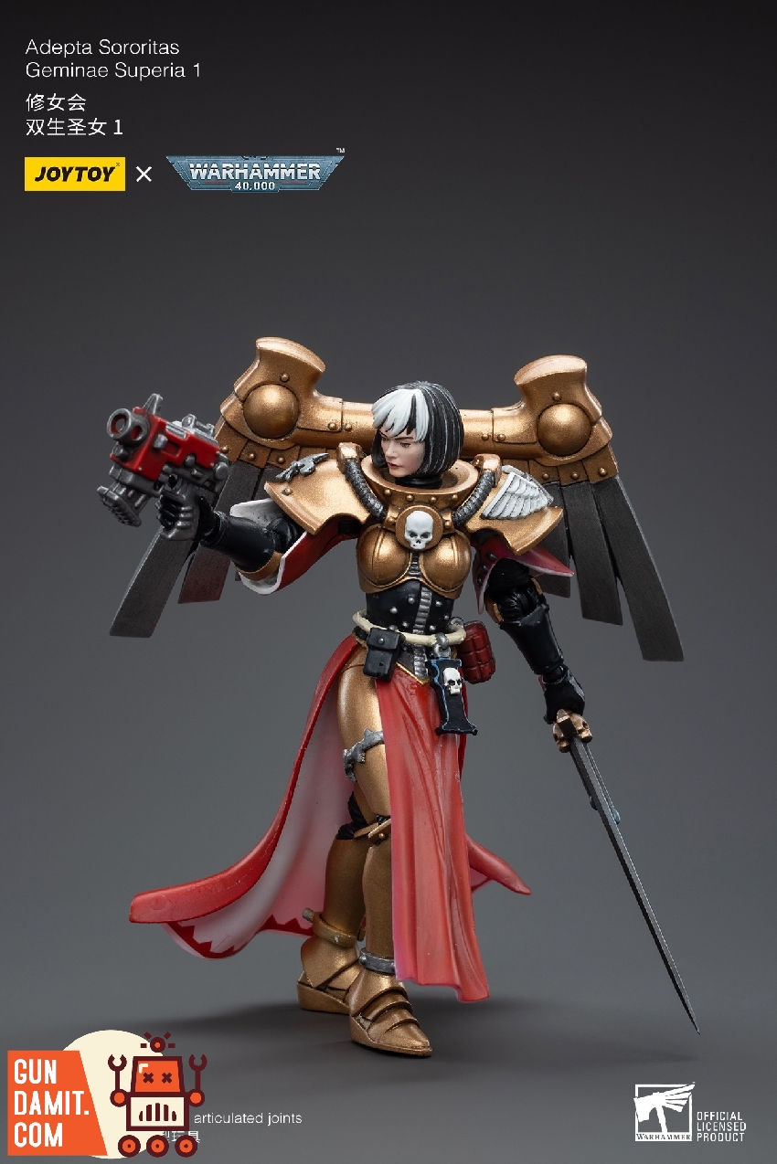 Geminae Superia 1 standing with bolt pistol and power sword in gold Sororitas armor with red cape Geminae Superia 1 standing with bolt pistol and power sword in gold Sororitas armor with red cape