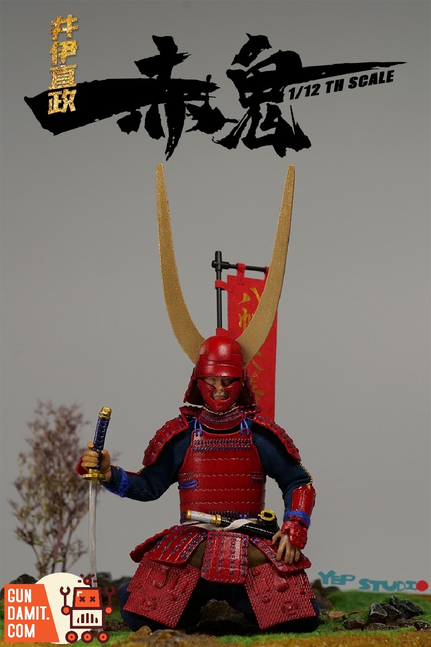 Seated pose of Red Ghost samurai figure with drawn katana and golden horn helmet crest on battlefield diorama Seated pose of Red Ghost samurai figure with drawn katana and golden horn helmet crest on battlefield diorama