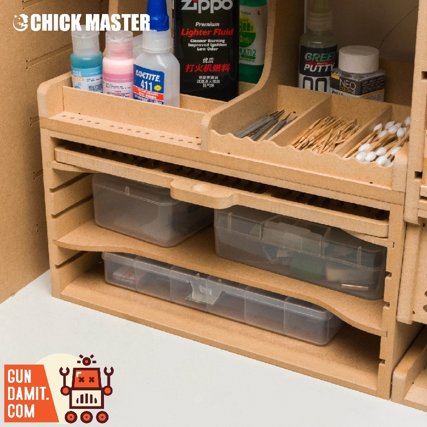 Chick Master P1 wooden tool organizer case in use with modeling workstation showing glues, tools, and supplies stored on shelves Chick Master P1 wooden tool organizer case in use with modeling workstation showing glues, tools, and supplies stored on shelves