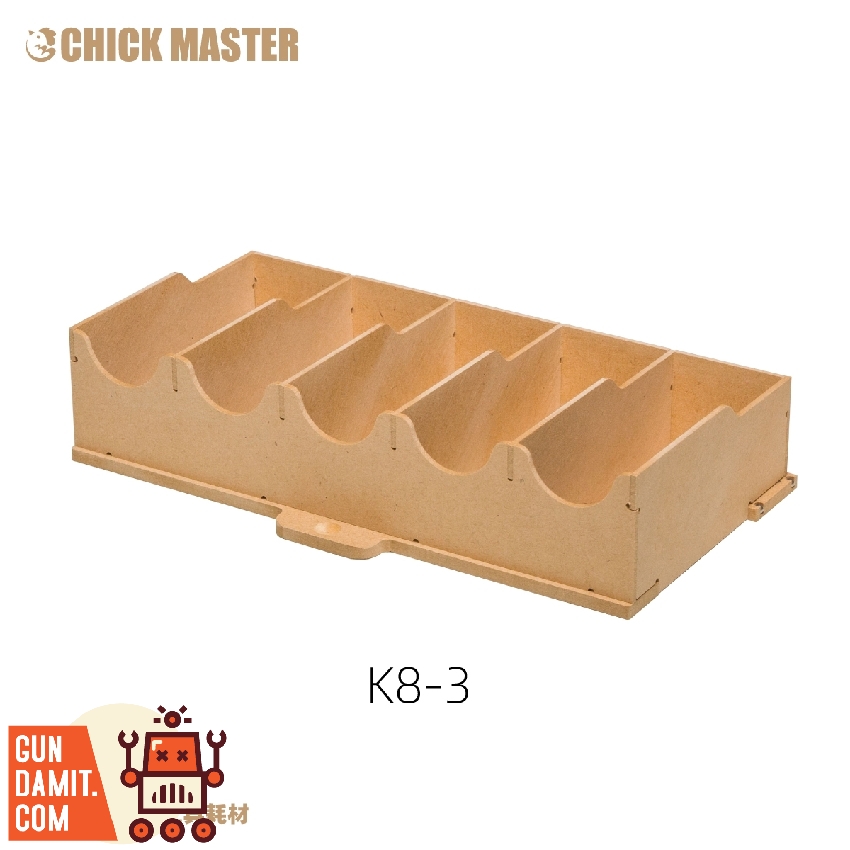 Chick Master K8-3 wooden drawer organizer top view showing five divided compartments for parts storage Chick Master K8-3 wooden drawer organizer top view showing five divided compartments for parts storage