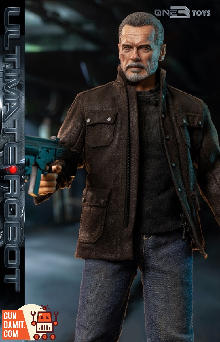 Ultimate Robot figure holding blue futuristic handgun in brown jacket with dark industrial background Ultimate Robot figure holding blue futuristic handgun in brown jacket with dark industrial background