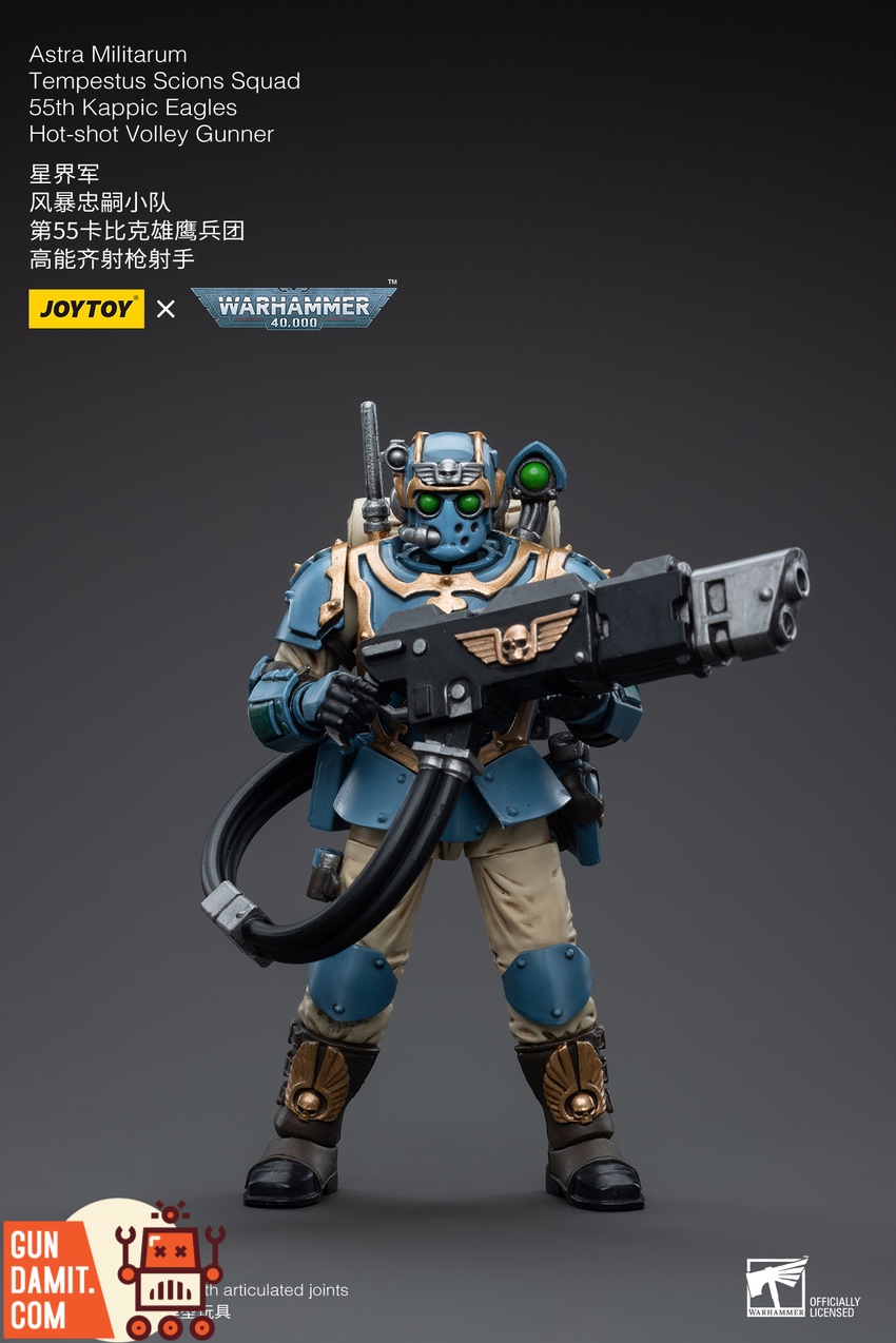JoyToy Warhammer 40K Kappic Eagles Hot-Shot Volley Gunner three-quarter view holding weapon with backpack visible JoyToy Warhammer 40K Kappic Eagles Hot-Shot Volley Gunner three-quarter view holding weapon with backpack visible