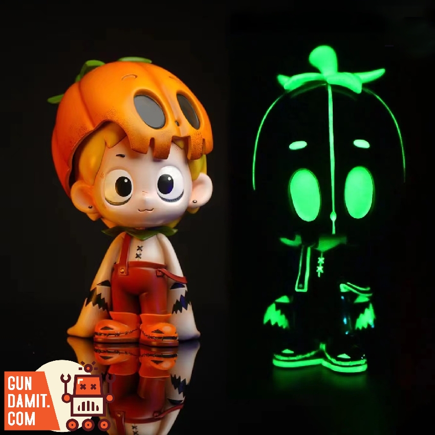 Split comparison showing original Dico with pumpkin hat beside luminous version glowing green in dark Split comparison showing original Dico with pumpkin hat beside luminous version glowing green in dark