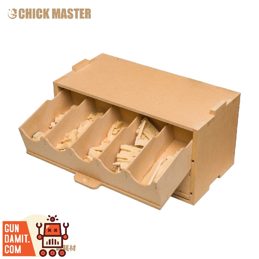 Chick Master K8-3 wooden organizer with drawer open showing five compartments filled with model kit runner parts Chick Master K8-3 wooden organizer with drawer open showing five compartments filled with model kit runner parts