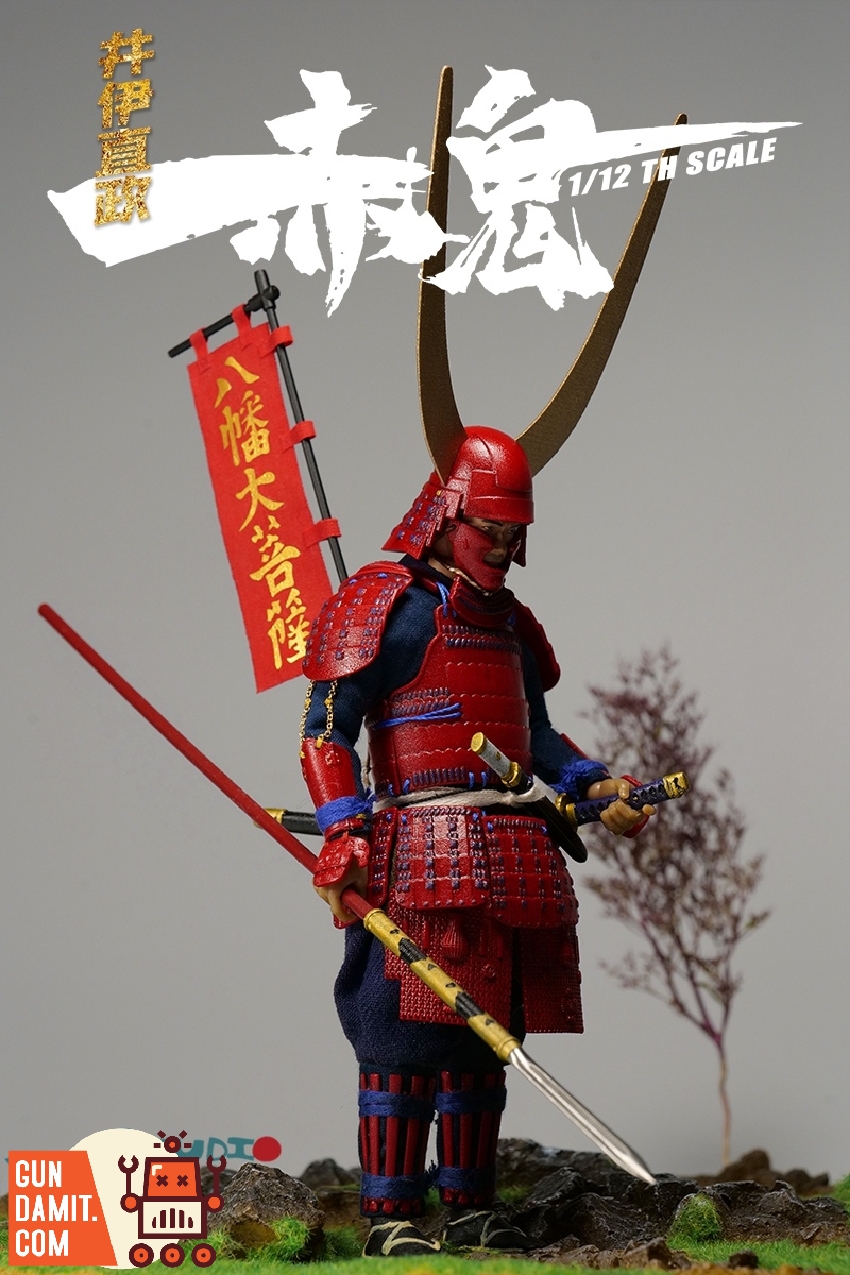 Full body standing pose of Red Ghost samurai holding spear with golden horn helmet and red armor Full body standing pose of Red Ghost samurai holding spear with golden horn helmet and red armor