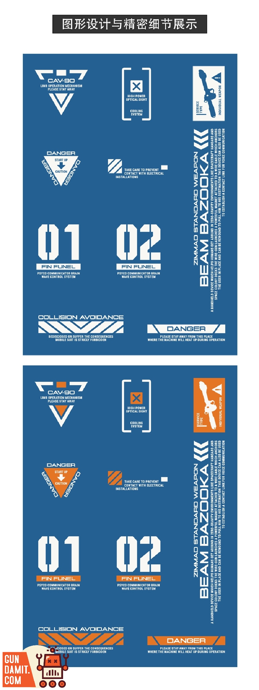 Enlarged detail view of TY01 decal designs showing military-style warning labels and weapon markings Enlarged detail view of TY01 decal designs showing military-style warning labels and weapon markings