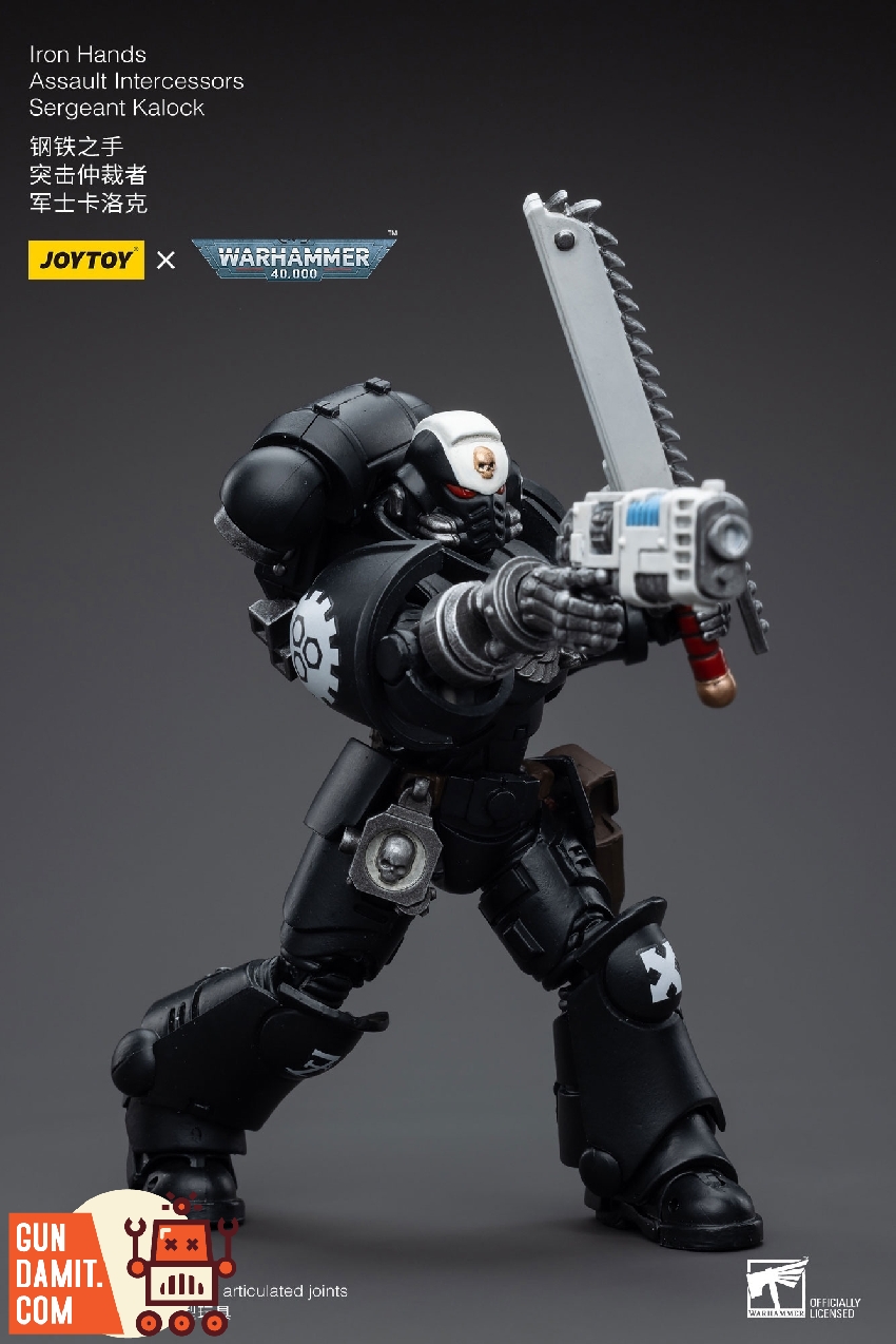 Sergeant Kalock in dynamic combat pose swinging chainsword overhead showing Iron Hands chapter markings Sergeant Kalock in dynamic combat pose swinging chainsword overhead showing Iron Hands chapter markings