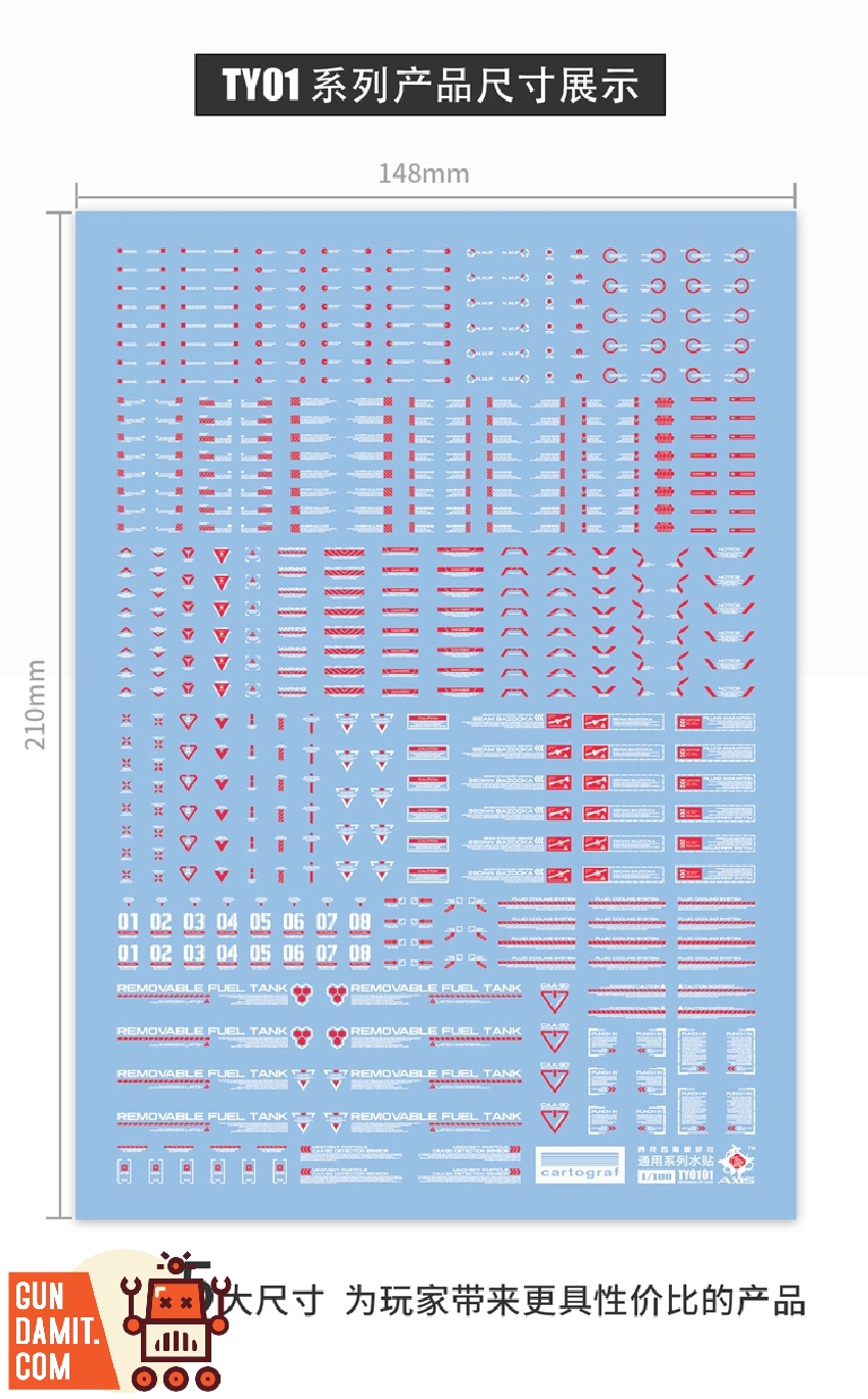 Full TY01 decal sheet measuring 148x210mm displaying red and white caution markings and numbers Full TY01 decal sheet measuring 148x210mm displaying red and white caution markings and numbers