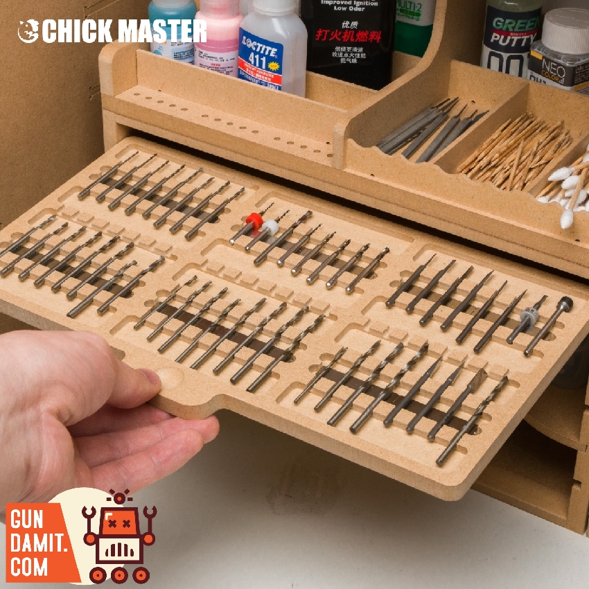 Chick Master P1 wooden tool organizer case being pulled out as a sliding drawer from workstation shelf showing drill bits Chick Master P1 wooden tool organizer case being pulled out as a sliding drawer from workstation shelf showing drill bits