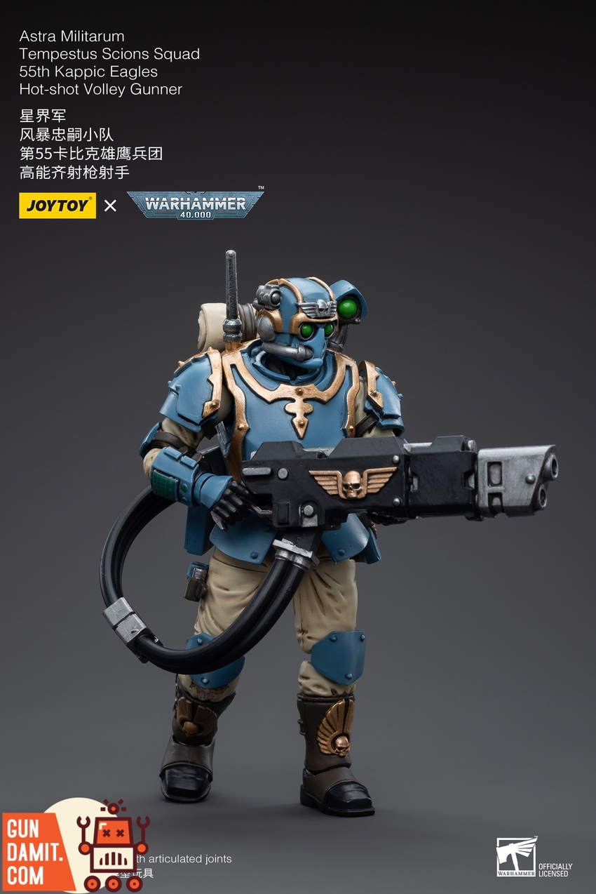 JoyToy Warhammer 40K Kappic Eagles Hot-Shot Volley Gunner close-up upper body view with weapon details JoyToy Warhammer 40K Kappic Eagles Hot-Shot Volley Gunner close-up upper body view with weapon details