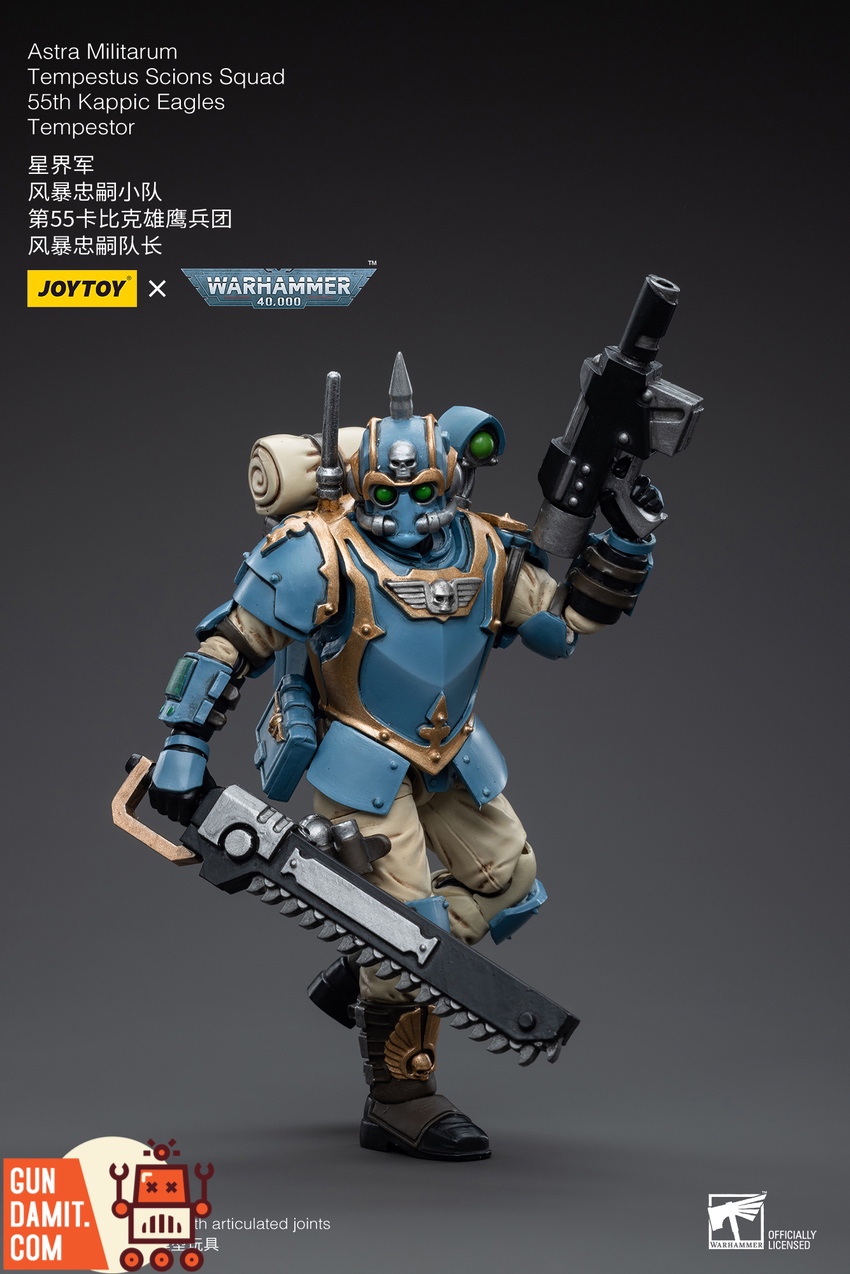 Three-quarter charging pose of Tempestor with raised hot-shot lasgun and chainsword ready Three-quarter charging pose of Tempestor with raised hot-shot lasgun and chainsword ready