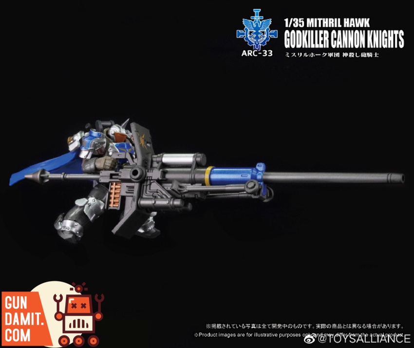 Side profile of Godkiller Cannon Knight prone with extended heavy cannon barrel Side profile of Godkiller Cannon Knight prone with extended heavy cannon barrel