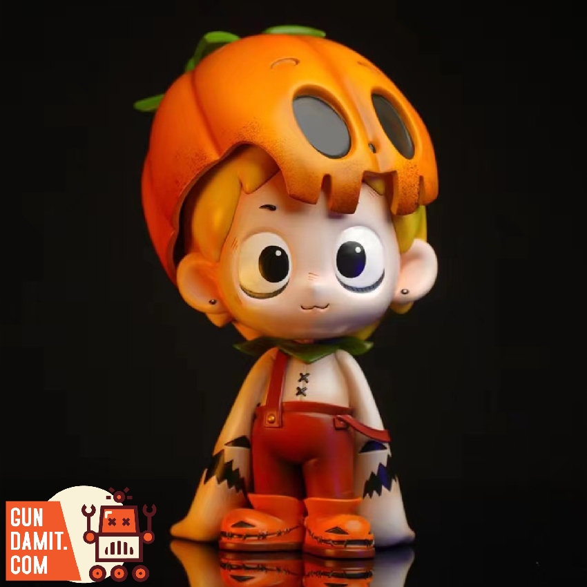 Pumpkin Dico figure wearing pumpkin skull mask tilted on head with full body front view Pumpkin Dico figure wearing pumpkin skull mask tilted on head with full body front view