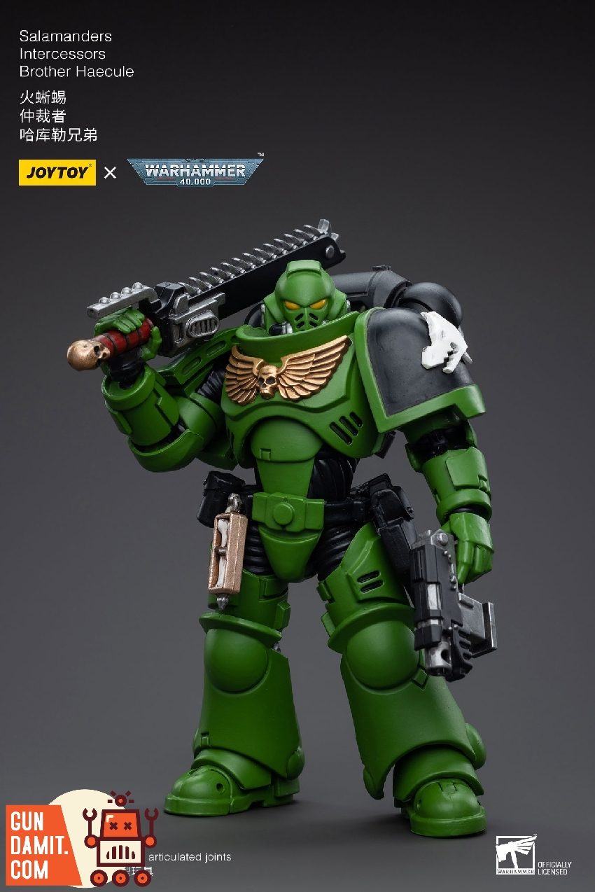 JoyToy WH40K Salamanders Intercessor with green helmet and flame chapter emblem JoyToy WH40K Salamanders Intercessor with green helmet and flame chapter emblem