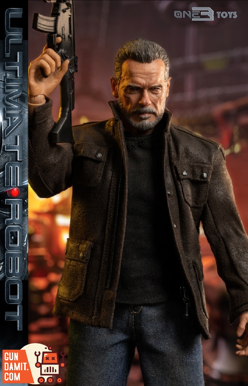 Ultimate Robot figure raising assault rifle showing detailed aged face sculpt and brown jacket Ultimate Robot figure raising assault rifle showing detailed aged face sculpt and brown jacket