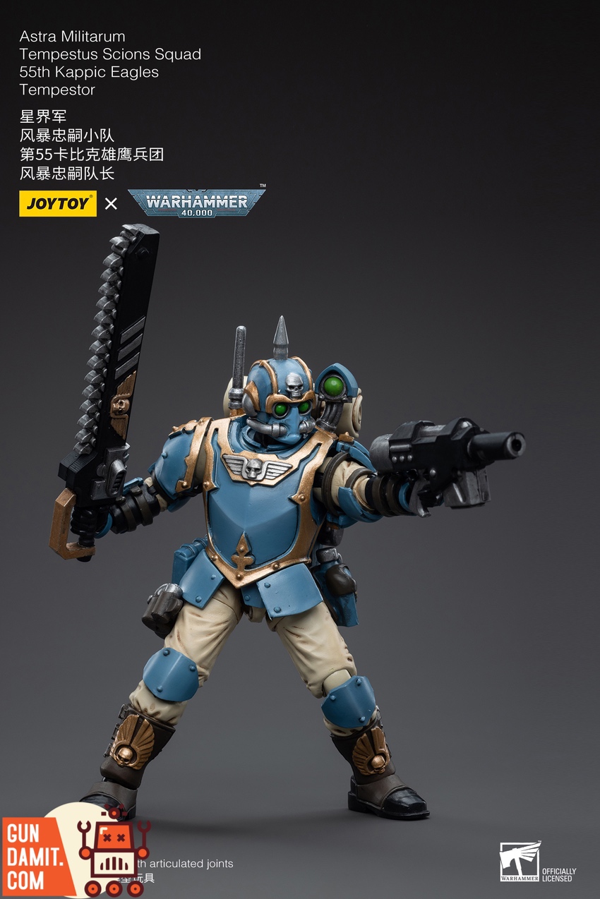 Dynamic combat pose of Tempestor wielding raised chainsword and firing hot-shot lasgun Dynamic combat pose of Tempestor wielding raised chainsword and firing hot-shot lasgun