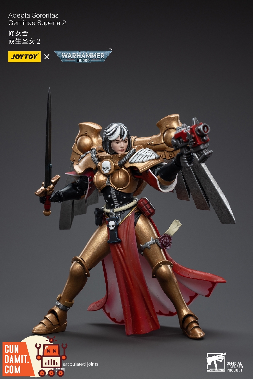 Standing combat pose of Geminae Superia 2 dual wielding power sword and bolt pistol in gold armor Standing combat pose of Geminae Superia 2 dual wielding power sword and bolt pistol in gold armor