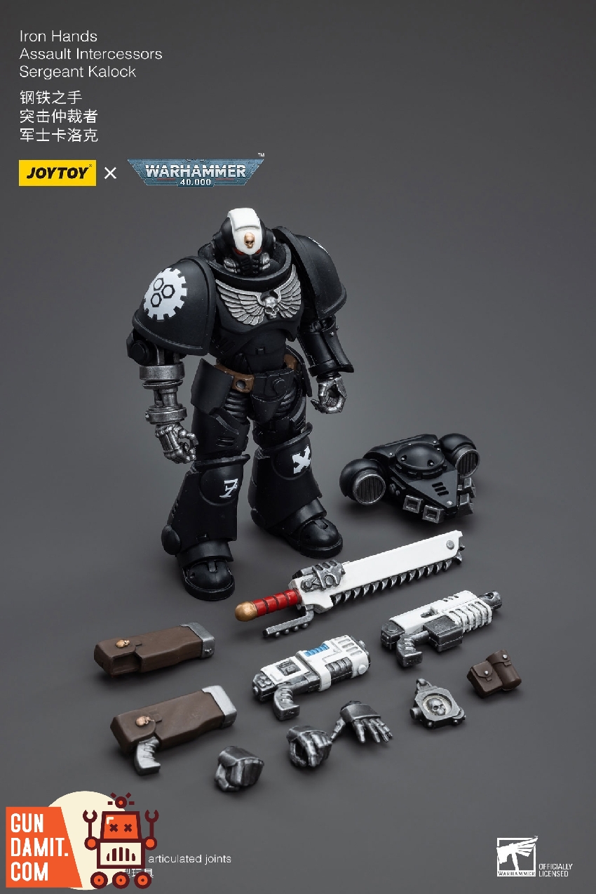 Complete accessories layout for Sergeant Kalock including figure, backpack, chainsword, bolt pistol, pouches, and spare hands Complete accessories layout for Sergeant Kalock including figure, backpack, chainsword, bolt pistol, pouches, and spare hands
