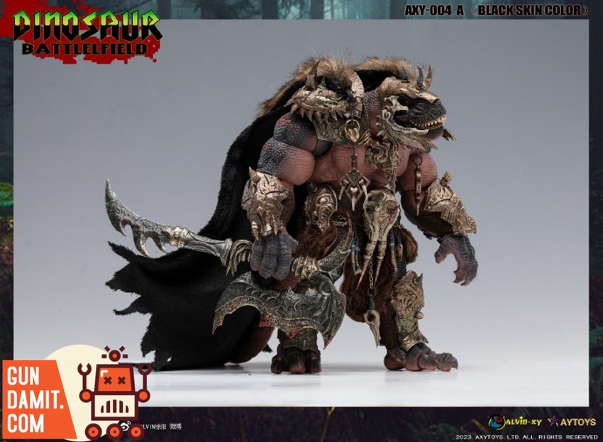 AXYTOYS Dinosaur Battlefield Tyrannosaurus Black Skin warrior wearing tribal armor with curved blade weapon AXYTOYS Dinosaur Battlefield Tyrannosaurus Black Skin warrior wearing tribal armor with curved blade weapon
