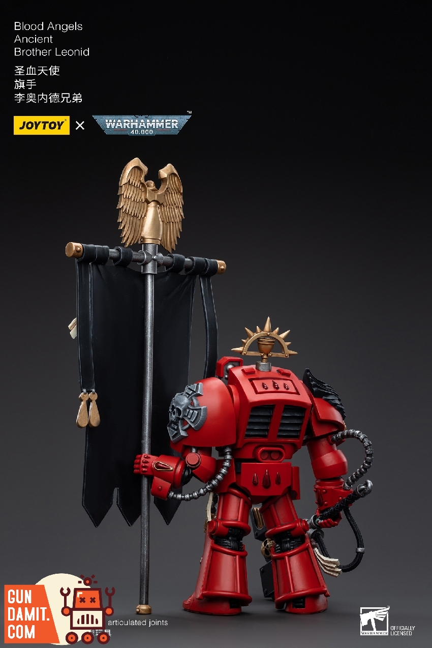 Brother Leonid marching forward holding unfurled Blood Angels banner with blood drop and wing emblem Brother Leonid marching forward holding unfurled Blood Angels banner with blood drop and wing emblem