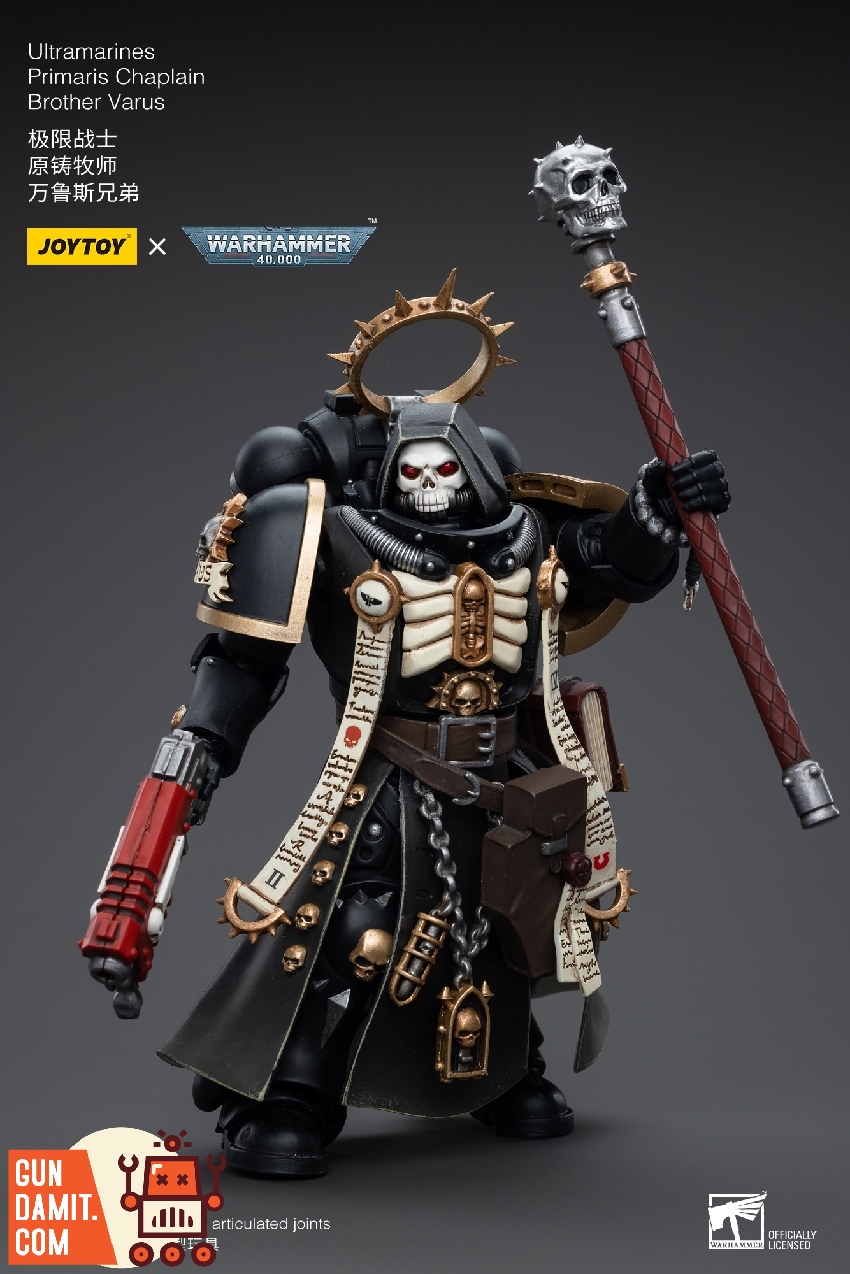 Brother Varu rear view showing black cloak cape and ornate chaplain backpack with skull motifs Brother Varu rear view showing black cloak cape and ornate chaplain backpack with skull motifs