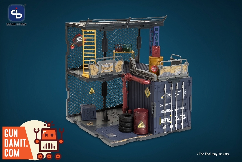 Three-quarter angle of Container Warehouse diorama showing upper platform with supplies and worn blue shipping container Three-quarter angle of Container Warehouse diorama showing upper platform with supplies and worn blue shipping container