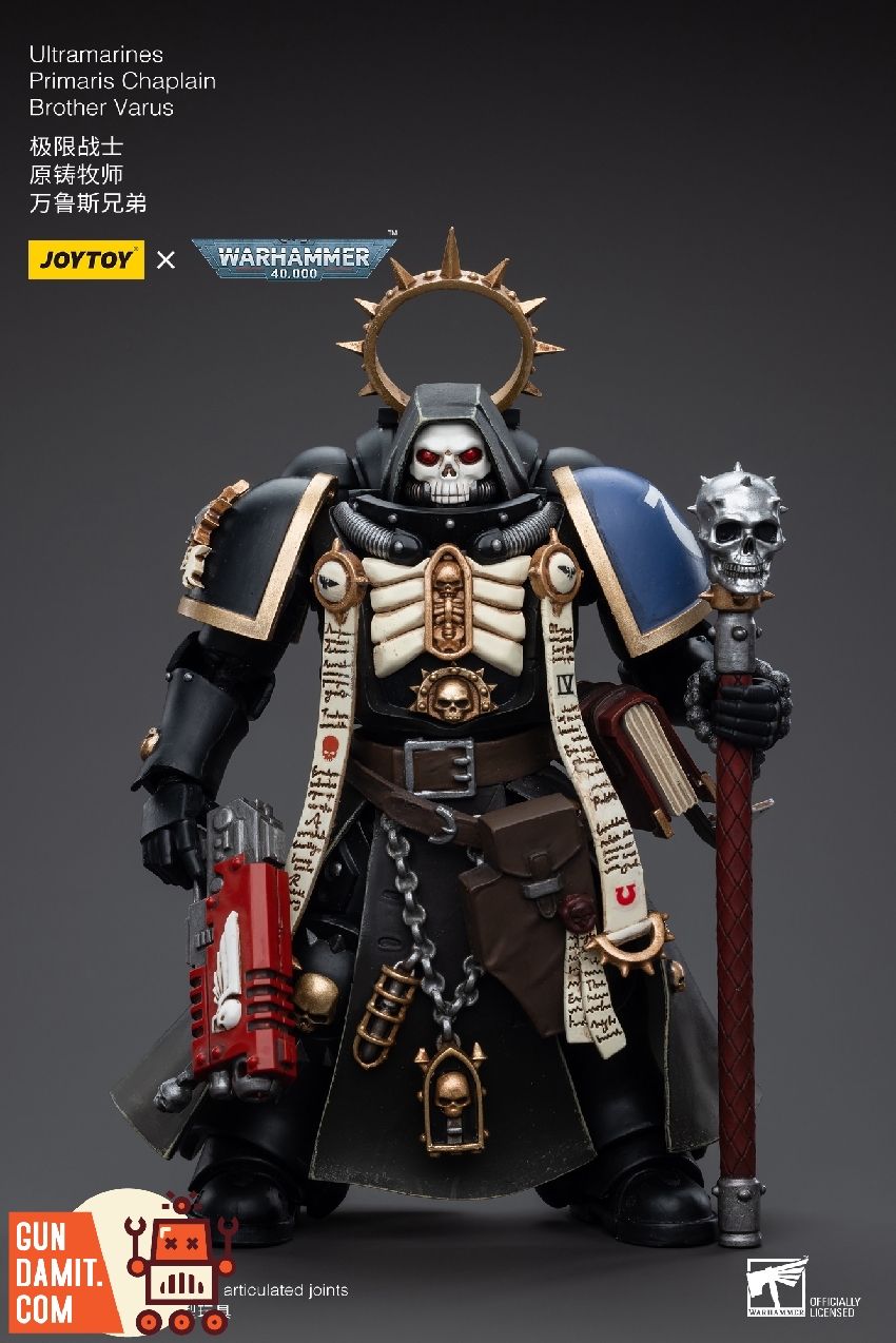 Close-up of Brother Varu showing skull-faced helmet with blue eye lenses and gold trim details Close-up of Brother Varu showing skull-faced helmet with blue eye lenses and gold trim details