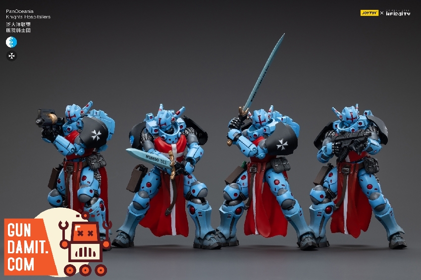JoyToy 1/18 Infinity PanOceania Knights Hospitallers group of four in light blue armor with red capes JoyToy 1/18 Infinity PanOceania Knights Hospitallers group of four in light blue armor with red capes