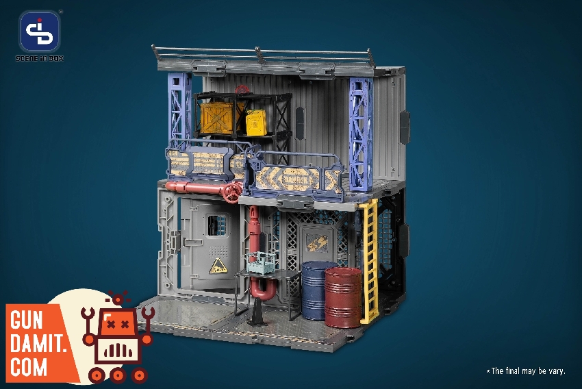 Rear three-quarter view of Bazzar diorama displaying yellow ladder catwalk and red oil barrel Rear three-quarter view of Bazzar diorama displaying yellow ladder catwalk and red oil barrel