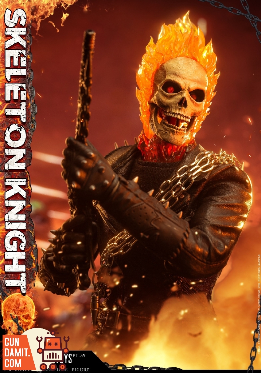 Close-up of Skeleton Knight flaming skull head showing detailed bone sculpt and orange fire effect Close-up of Skeleton Knight flaming skull head showing detailed bone sculpt and orange fire effect