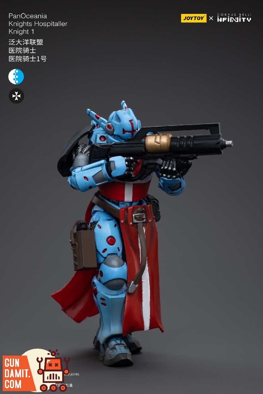 Knights Hospitallers figure aiming large rifle in light blue armor with red and white tabard cape Knights Hospitallers figure aiming large rifle in light blue armor with red and white tabard cape