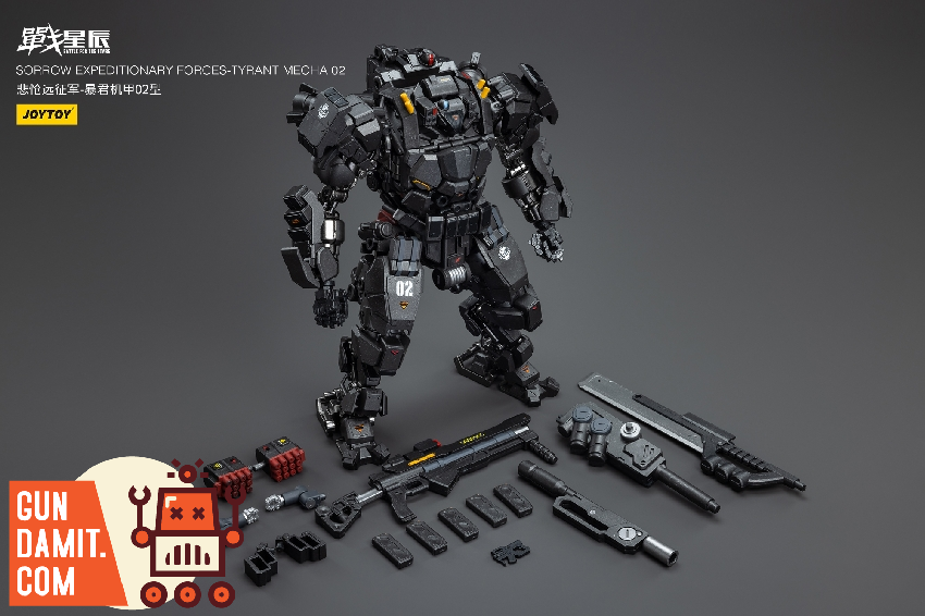 JoyToy Tyrant Mecha 02 in dark grey with all weapons laid out including rifle pistol and accessories JoyToy Tyrant Mecha 02 in dark grey with all weapons laid out including rifle pistol and accessories