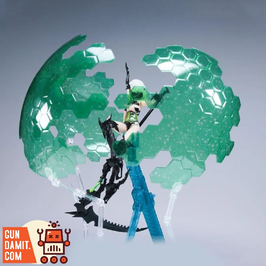 Force Shield effect parts displayed on white and green Gundam model with beam saber ready Force Shield effect parts displayed on white and green Gundam model with beam saber ready