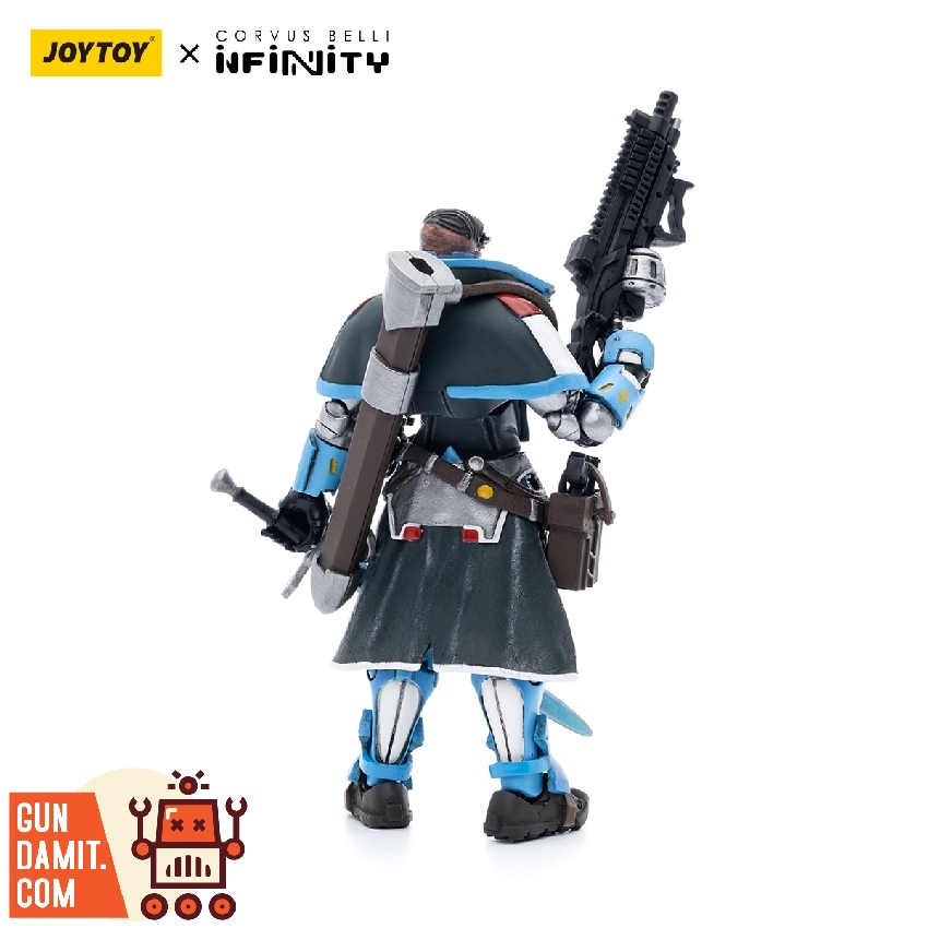 JoyToy 1/18 Mendoza figure rear view showing blue armor and equipment JoyToy 1/18 Mendoza figure rear view showing blue armor and equipment