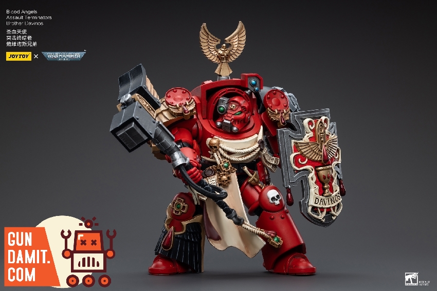 Brother Davinos front view showing gold winged shoulder pad and ornate cross-shaped storm shield Brother Davinos front view showing gold winged shoulder pad and ornate cross-shaped storm shield