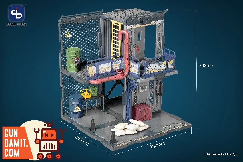Outpost diorama with dimension markings 250x250x296mm showing side angle with red pipes and yellow ladder Outpost diorama with dimension markings 250x250x296mm showing side angle with red pipes and yellow ladder