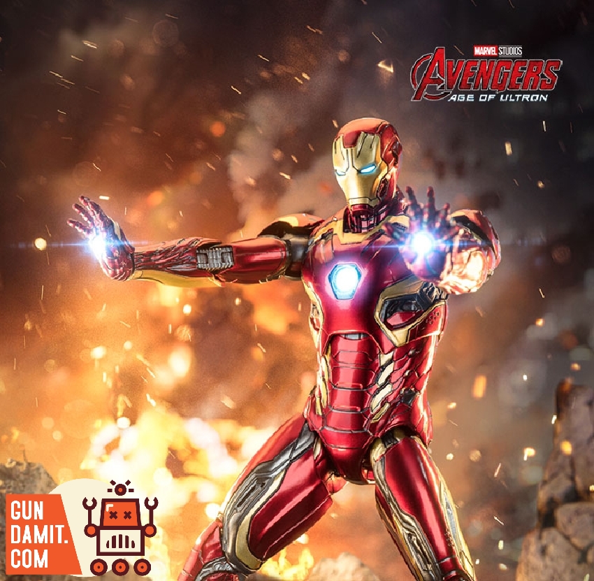 Iron Man Mark 45 figure accessories layout with multiple interchangeable hands and display stand Iron Man Mark 45 figure accessories layout with multiple interchangeable hands and display stand