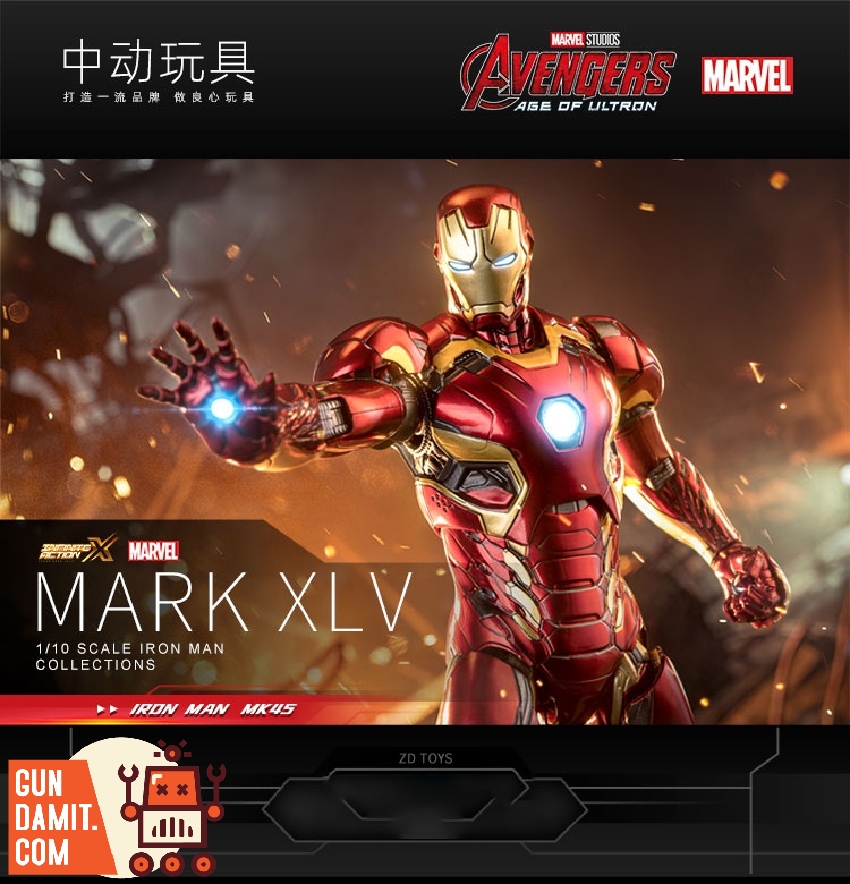 Iron Man Mark 45 three-quarter view showing full body red and gold armor detailing Iron Man Mark 45 three-quarter view showing full body red and gold armor detailing