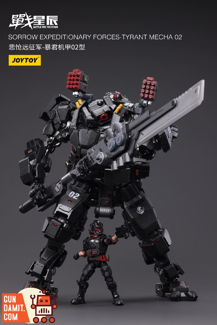 Tyrant Mecha 02 wielding large sword with pilot figure standing beside the towering dark mecha Tyrant Mecha 02 wielding large sword with pilot figure standing beside the towering dark mecha
