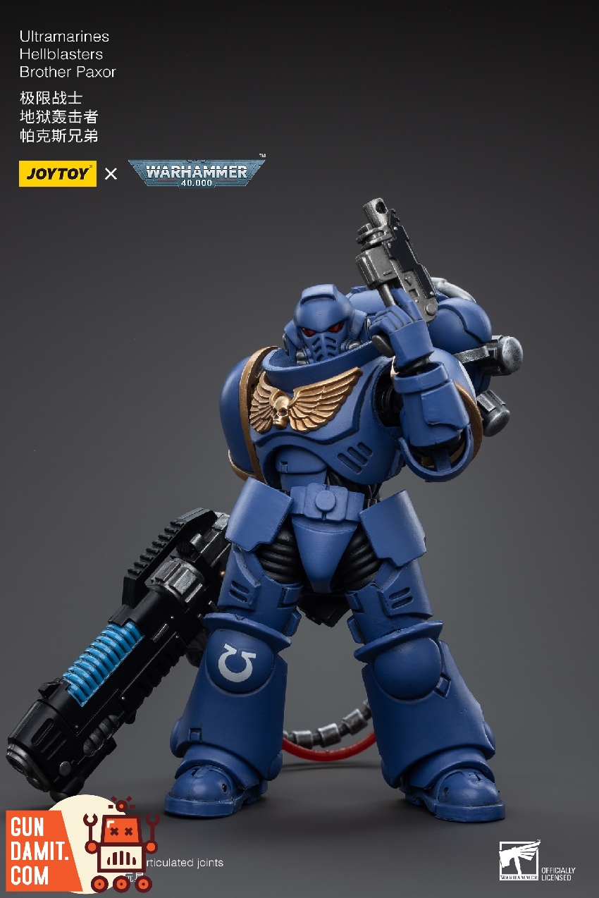 Brother Paxor in helmeted stance with plasma incinerator lowered and bolt pistol raised overhead Brother Paxor in helmeted stance with plasma incinerator lowered and bolt pistol raised overhead