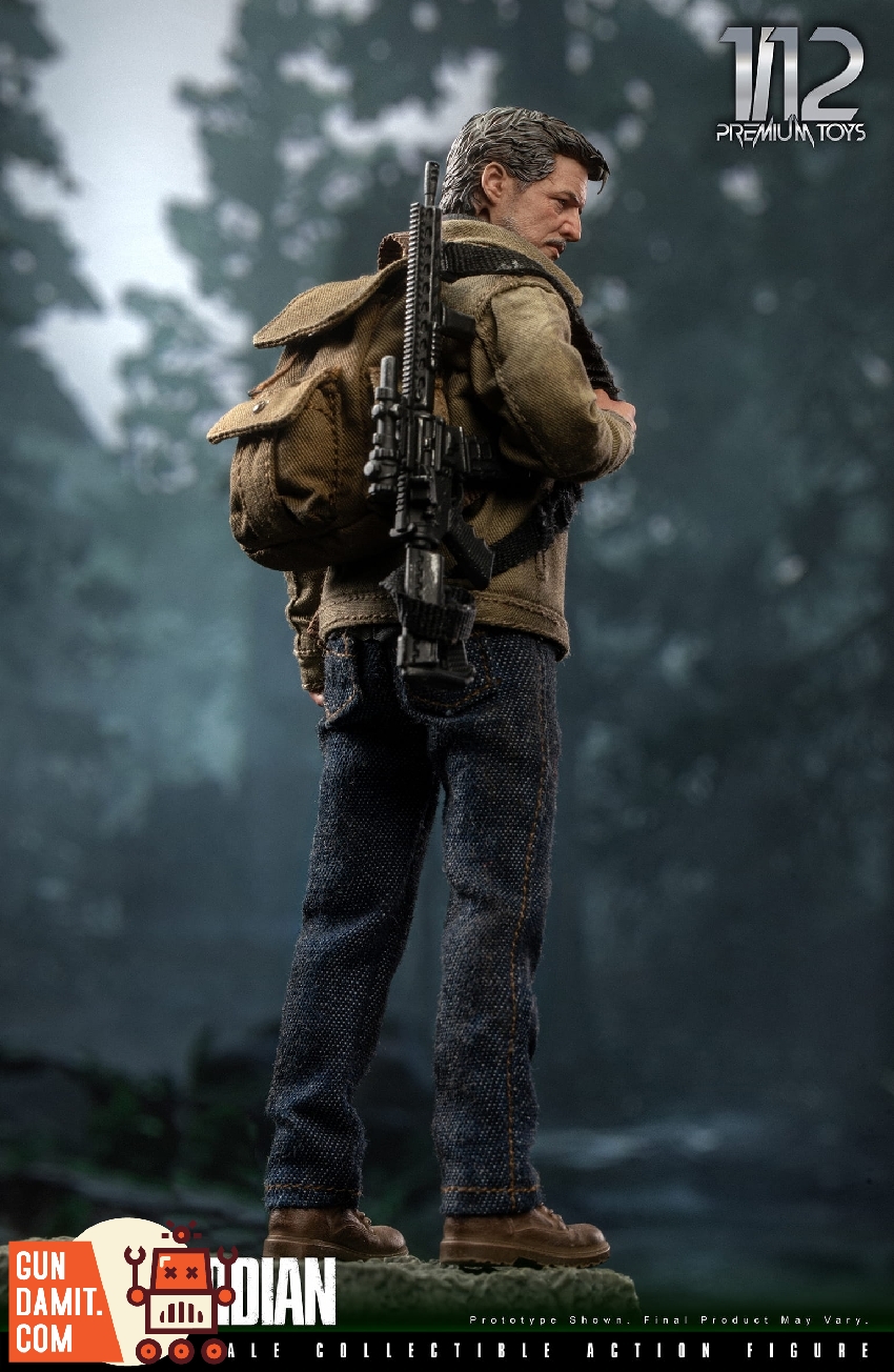The Guardian in combat stance holding rifle with canned food and supplies scattered around The Guardian in combat stance holding rifle with canned food and supplies scattered around