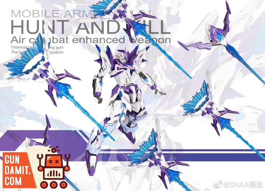 SNAA Model Hunter Falcon in white and purple mecha design with blue bird-like funnel drones surrounding it SNAA Model Hunter Falcon in white and purple mecha design with blue bird-like funnel drones surrounding it