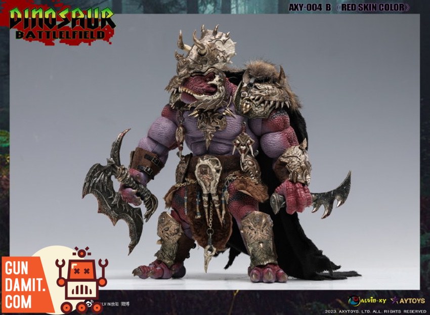 Red Tyrannosaurus warrior side view showing muscular reptilian body with leather and bone armor Red Tyrannosaurus warrior side view showing muscular reptilian body with leather and bone armor