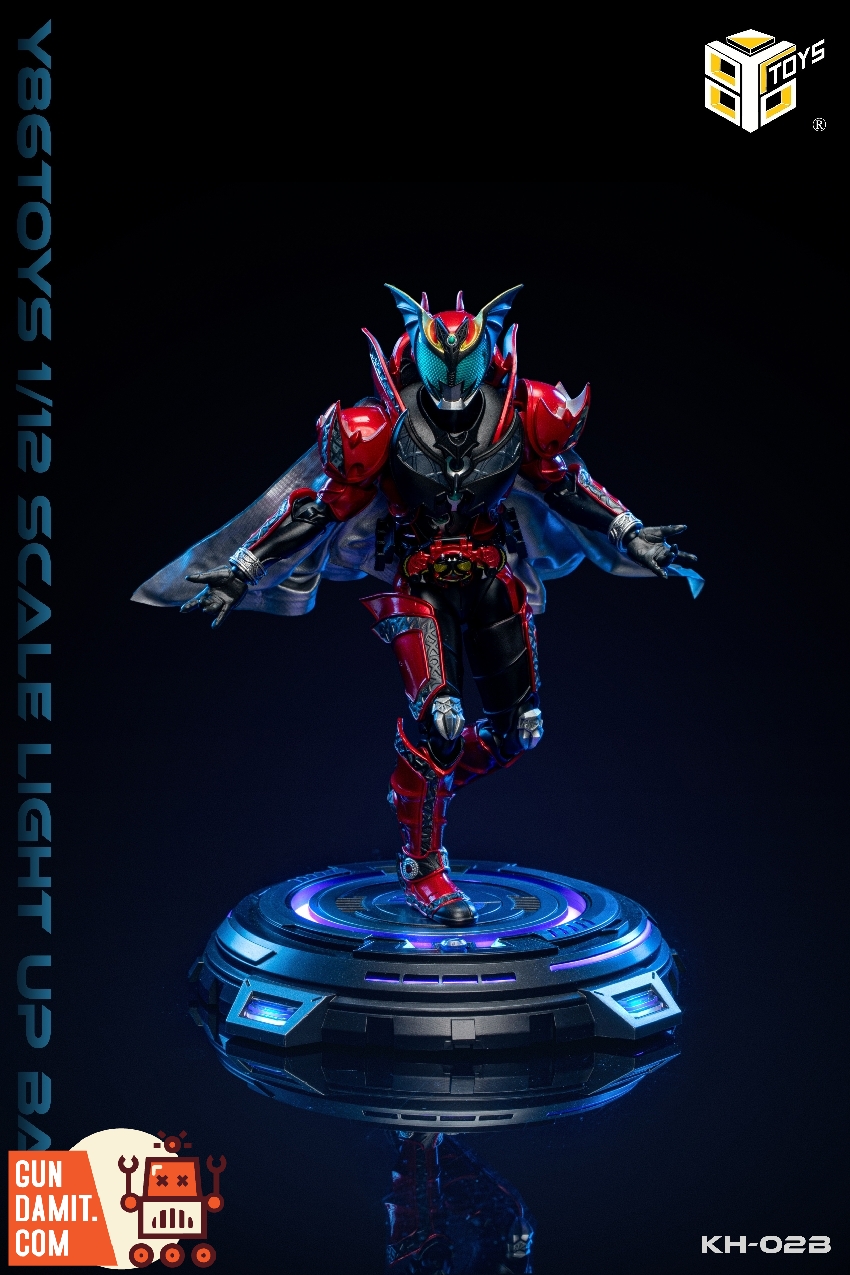 Armored tokusatsu figure in running pose with flowing cape on illuminated KH-02B display stand Armored tokusatsu figure in running pose with flowing cape on illuminated KH-02B display stand