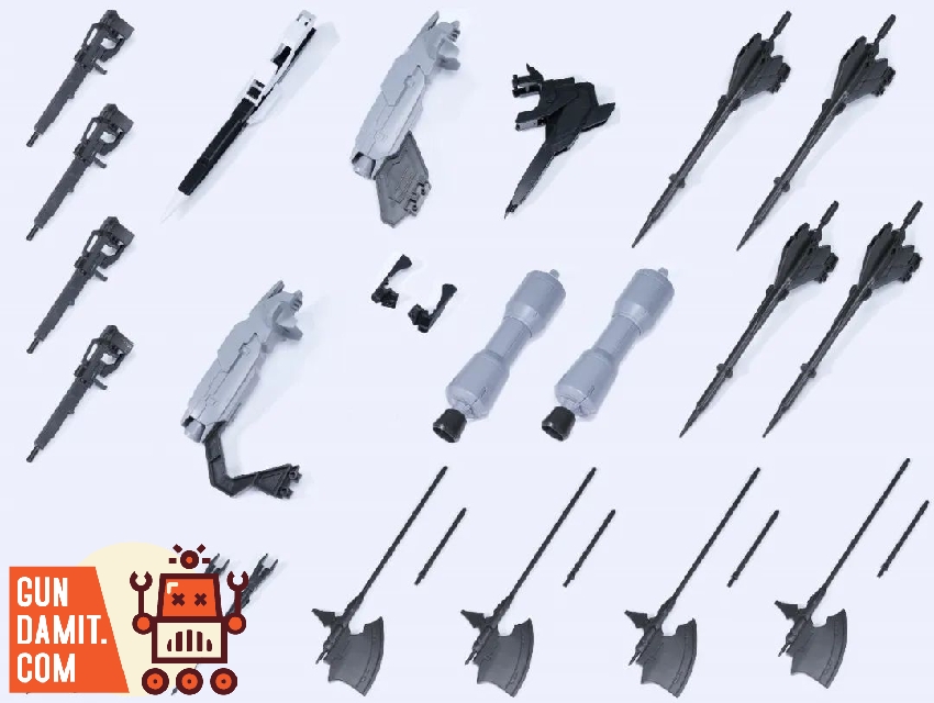 Full layout of TX weapons upgrade kit parts including rifles lances maces shields and thrusters for IBO Gundams Full layout of TX weapons upgrade kit parts including rifles lances maces shields and thrusters for IBO Gundams