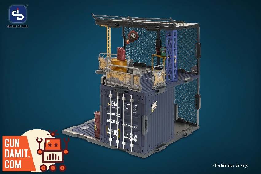 FreshRetro Scene In Box Container Warehouse diorama showing shipping container base with rooftop work area and chain-link fencing FreshRetro Scene In Box Container Warehouse diorama showing shipping container base with rooftop work area and chain-link fencing