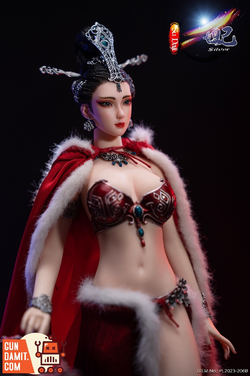 Su Daji Silver Version standing with red fur-trimmed cloak draped over shoulders in elegant pose Su Daji Silver Version standing with red fur-trimmed cloak draped over shoulders in elegant pose