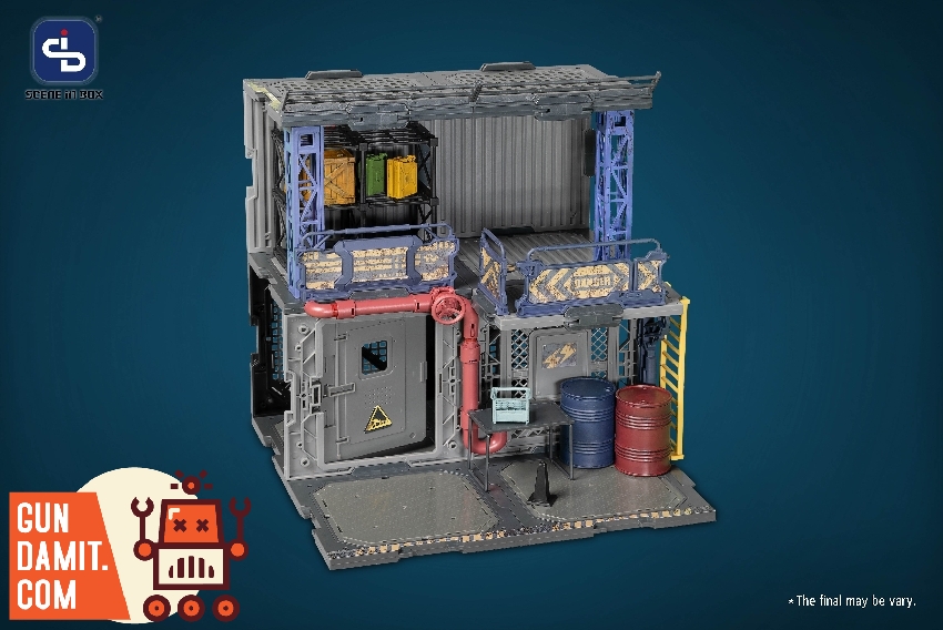 Side angle of Bazzar diorama showing weathered metal walls chain-link fence section and ground floor with barrels Side angle of Bazzar diorama showing weathered metal walls chain-link fence section and ground floor with barrels